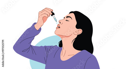 Young woman tilting her head back to take liquid medicine or a vitamin supplement using a glass dropper for daily healthcare.