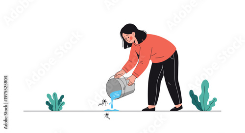 Woman pouring out stagnant water from a bucket to prevent mosquito breeding and spread of diseases like dengue or malaria.