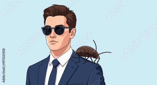 Stylish man in a navy blue suit and sunglasses stands calmly while a large brown beetle crawls on his shoulder against a light blue backdrop.