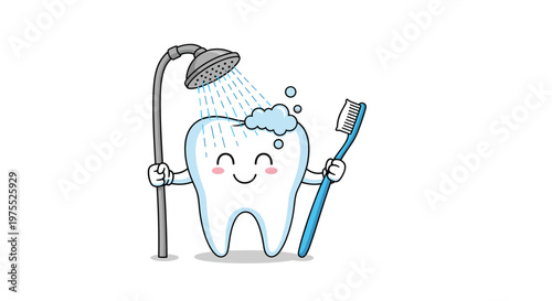 Happy white tooth character enjoys a refreshing shower while holding a blue toothbrush on a clean white background to promote oral hygiene.