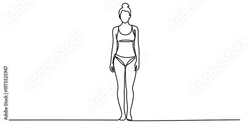 Minimalist continuous single line drawing of a woman standing in a simple sports bikini set. Vector, illustration