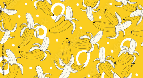 Seamless pattern of yellow bananas both peeled and unpeeled with white circles on a bright yellow background for food design.