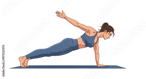 Fit young woman in a blue workout set performs a one-arm plank on a dark exercise mat with great focus and strength against a white background.