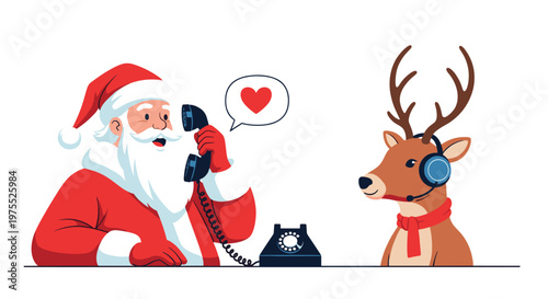 Jolly santa claus smiles while talking on a vintage telephone as a reindeer wearing headphones listens nearby for a holiday call center.