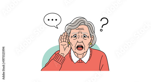 Surprised senior woman cups her hand to her ear trying to hear better while looking confused and worried about her hearing loss symptoms.