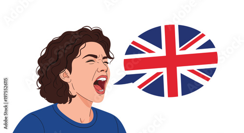 Young woman shouting loudly with a speech bubble containing the United Kingdom flag representing British English language learning.