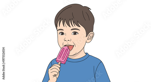 Young boy in a blue t-shirt smiles with great delight while enjoying a cold pink fruit popsicle on a stick against a white background.