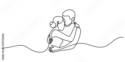 A minimalist single line drawing of a loving couple embracing each other in a tender moment Vector, illustration