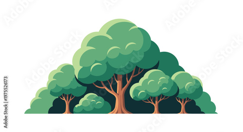 Group of various green deciduous trees and thick bushes growing together forming a dense woodland area on a white background.