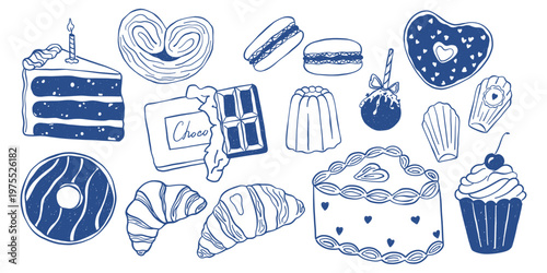 Set of sweet desserts in doodle style including cake, croissant, donut, chocolate, pastries. Vector collection with pencil textured details for bakery branding, menu design, prints Food illustrations