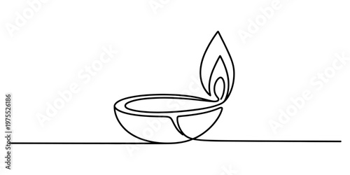 A minimalist single continuous line drawing of a traditional diya oil lamp with a burning flame. Vector, illustration