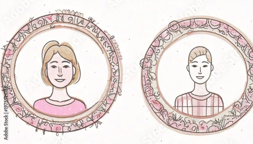 Portraits of a woman and a man in decorative frames, side by side.