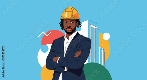 Professional African American engineer or architect wearing a yellow hard hat and a business suit standing confidently in front of buildings.