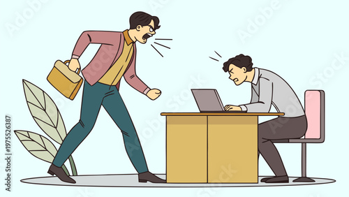 Vector illustration of manager blaming employee at office desk. Work stress, toxic leadership, corporate pressure, employee burnout, and conflict situation concept.