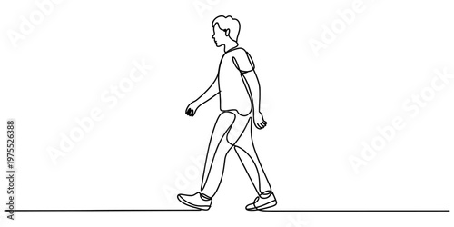 A single continuous line drawing of a young man walking forward on a plain white background area. Vector, illustration