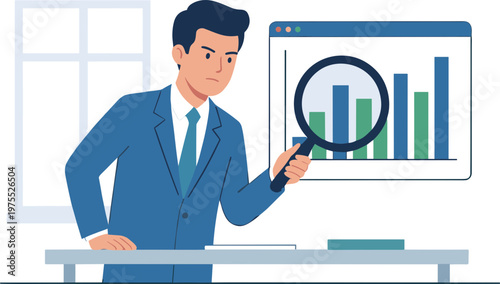 Businessman analyzing graph on screen with magnifying glass in office