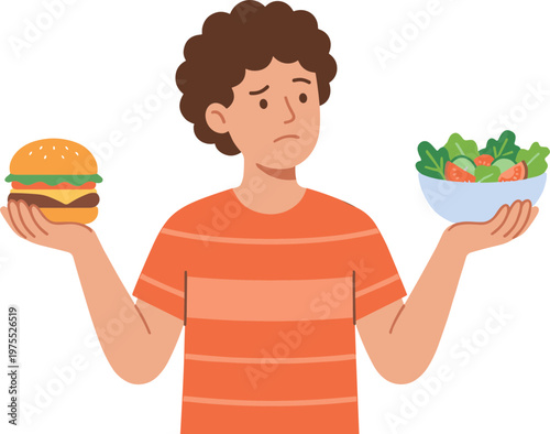 A person is choosing between a hamburger and a salad.