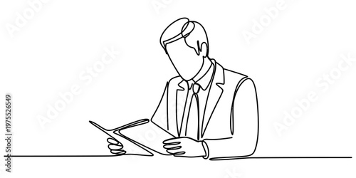 A continuous line drawing of a professional businessman reading a document at his office desk. Vector, illustration