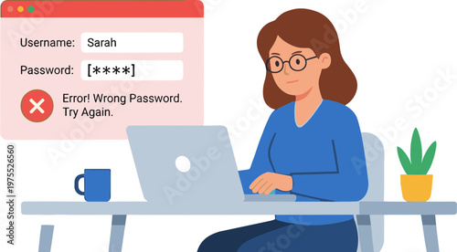 Woman sitting at desk with laptop and coffee experiencing error message