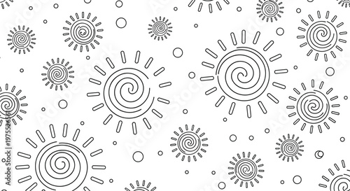 Black and white line art pattern of stylized suns with spiral centers and dots against a plain white background for coloring.