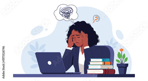 Overworked businesswoman sitting at her desk with a laptop and books showing signs of stress and burnout with a thought bubble of a whirlpool.