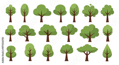Grid of twenty one different green tree icons with various canopy shapes and sizes for forestry and landscape design planning.