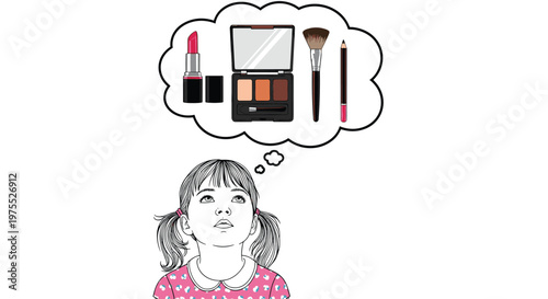 Young girl looking up with a thought bubble containing lipstick, eyeshadow, a brush, and a pencil representing her dreams of wearing makeup.