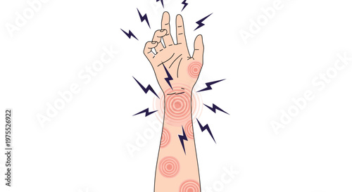 Human arm illustration with red radiating circles and lightning bolt symbols representing sharp pain or nerve inflammation.
