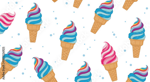 Seamless pattern of colorful soft-serve ice cream cones in blue and purple hues on a white background with blue dots for summer.