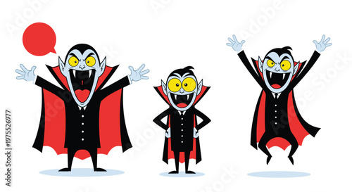 Collection of three funny cartoon vampire characters in classic black and red capes with fangs and yellow eyes for Halloween.