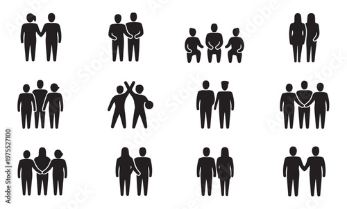 Human relationship icons showing connection support and friendship for social graphics.