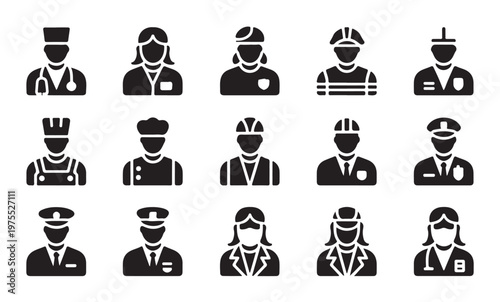 Professional worker avatar collection featuring diverse career silhouettes and job uniforms.