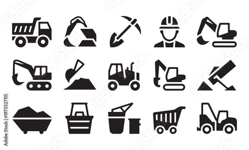 Dump truck and digging machinery silhouette icons for mining industry and earthworks design.