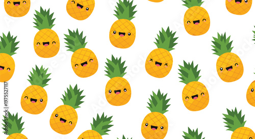 Seamless pattern of cute cartoon pineapples with happy and winking expressions on a white background for tropical food design.