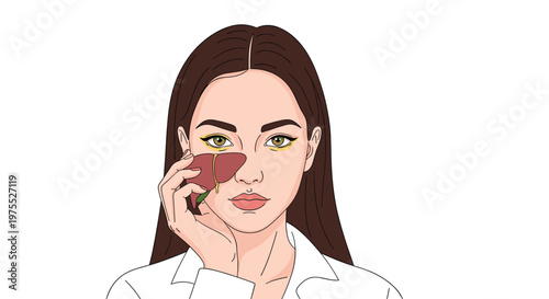 Woman holding a model of a human liver to her face to represent liver health and medical awareness on a white background.