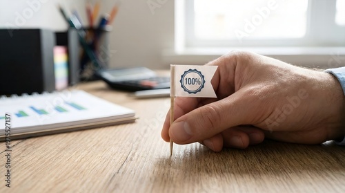 A hand holding a small flag with a '100%' symbol, symbolizing completion or perfection, against a blurred office background with graphs.