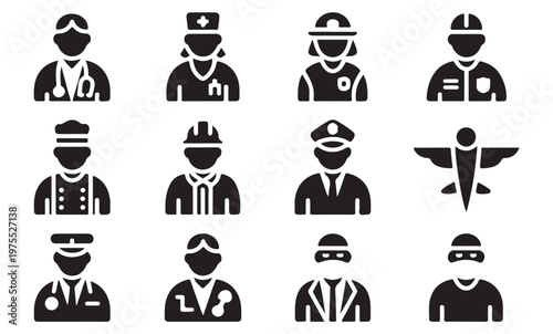 Occupation character avatars with medical and service industry professional silhouette icons.