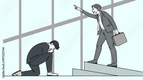 Vector illustration of stressed employee being pushed by manager. Workplace bullying, toxic environment, job pressure, burnout, mental stress, and corporate exploitation concept.