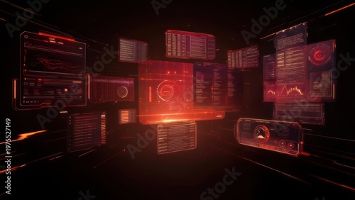 Wallpaper Mural Futuristic Data Visualization - Abstract Red Holographic Displays in Dark Space. Torontodigital.ca