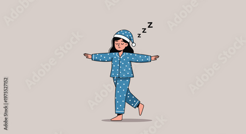 Young girl in polka dot pajamas and a sleeping cap walking while asleep with her arms outstretched and eyes closed on a gray background.