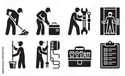 Maintenance service and facility management icons with repairman and cleaning staff vector.