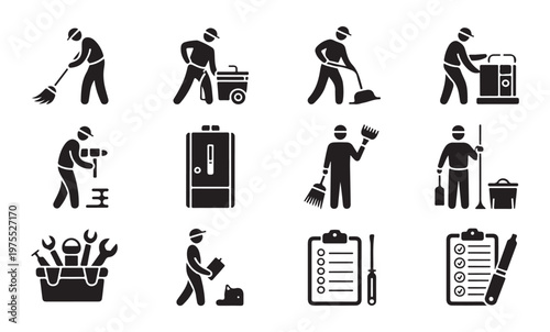Cleaners and repair workers black silhouette icons set on white background vector illustration.