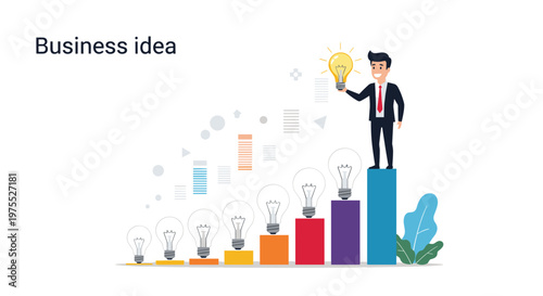 Successful businessman standing on the highest bar of a growth chart holding a glowing light bulb representing a business idea.