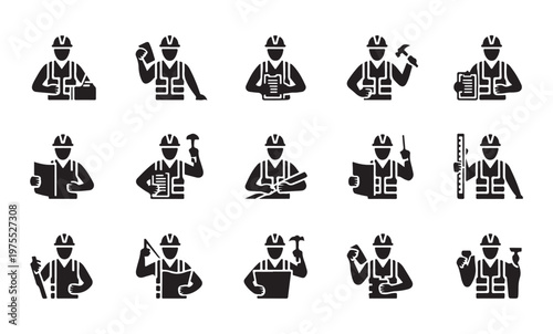 Industrial worker icons set featuring construction professional silhouettes in safety vests.