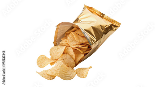 Tableau sur toile A bag of potato chips is open and spilling its contents isolated on transparent