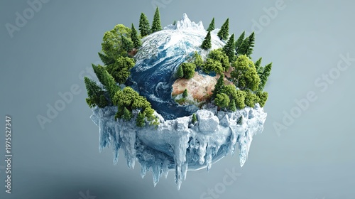 A floating, miniature Earth covered with icy terrain and dense evergreen forests, symbolizing a balance between cold climate and nature.