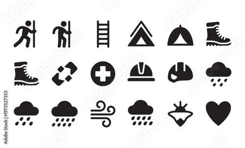 Outdoor adventure and hiking equipment icons featuring weather symbols and camping gear set.