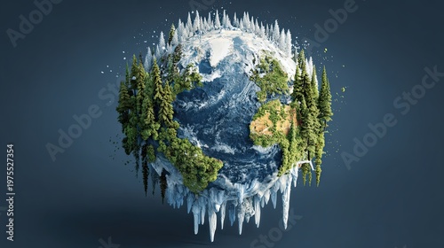 A digitally created Earth globe covered with dense forests and icy icicles, symbolizing nature