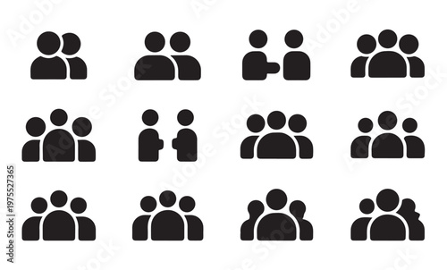 Collection of people group icons representing community teamwork and social interaction style.