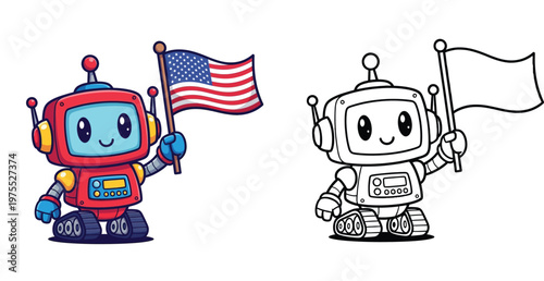 Cute Cartoon Robot Holding American Flag - Color and Line Art Versions for Patriotic Holidays, 4th of July, and STEM Education